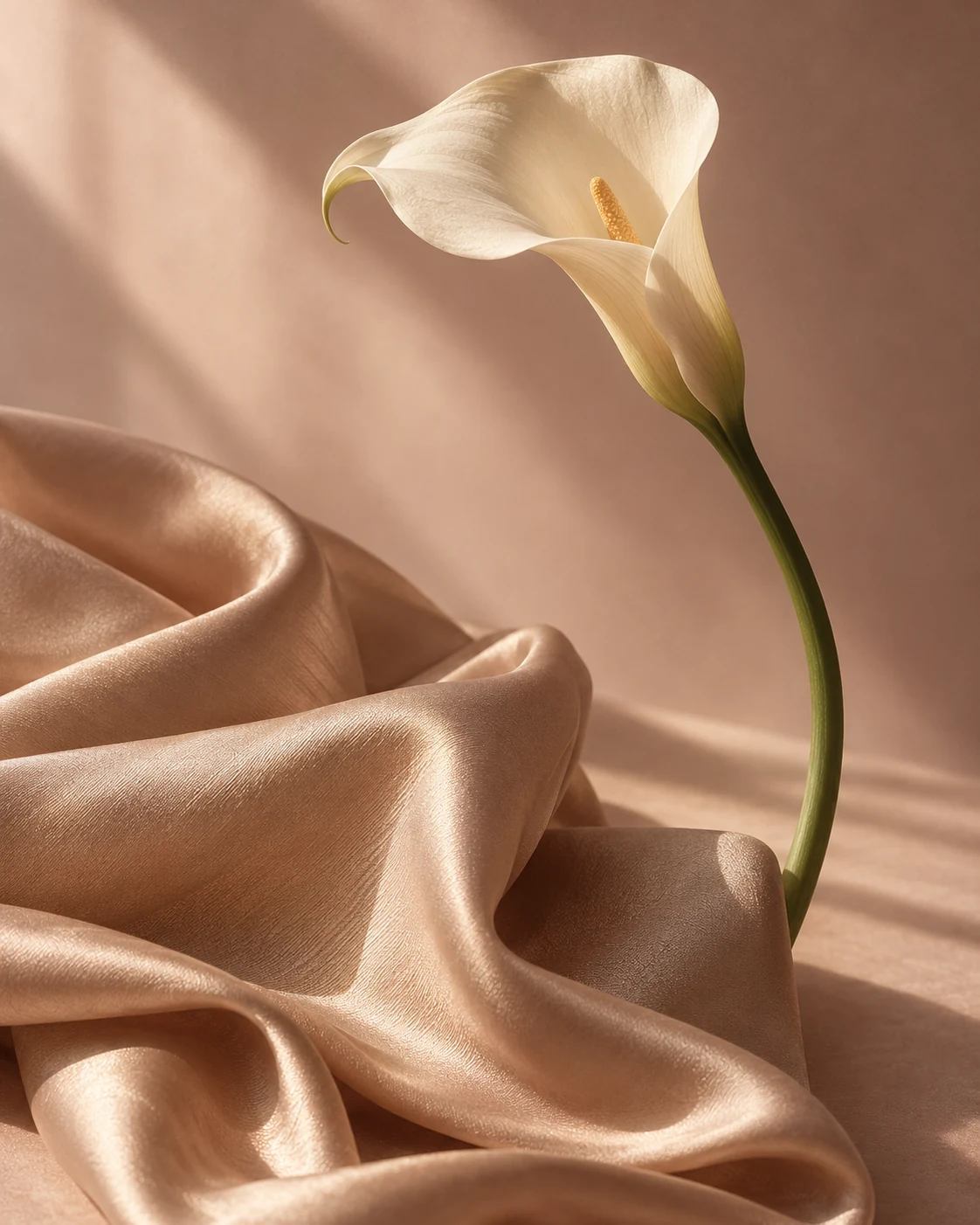 Calla lily and blush silk still life for EVE intimate aesthetics