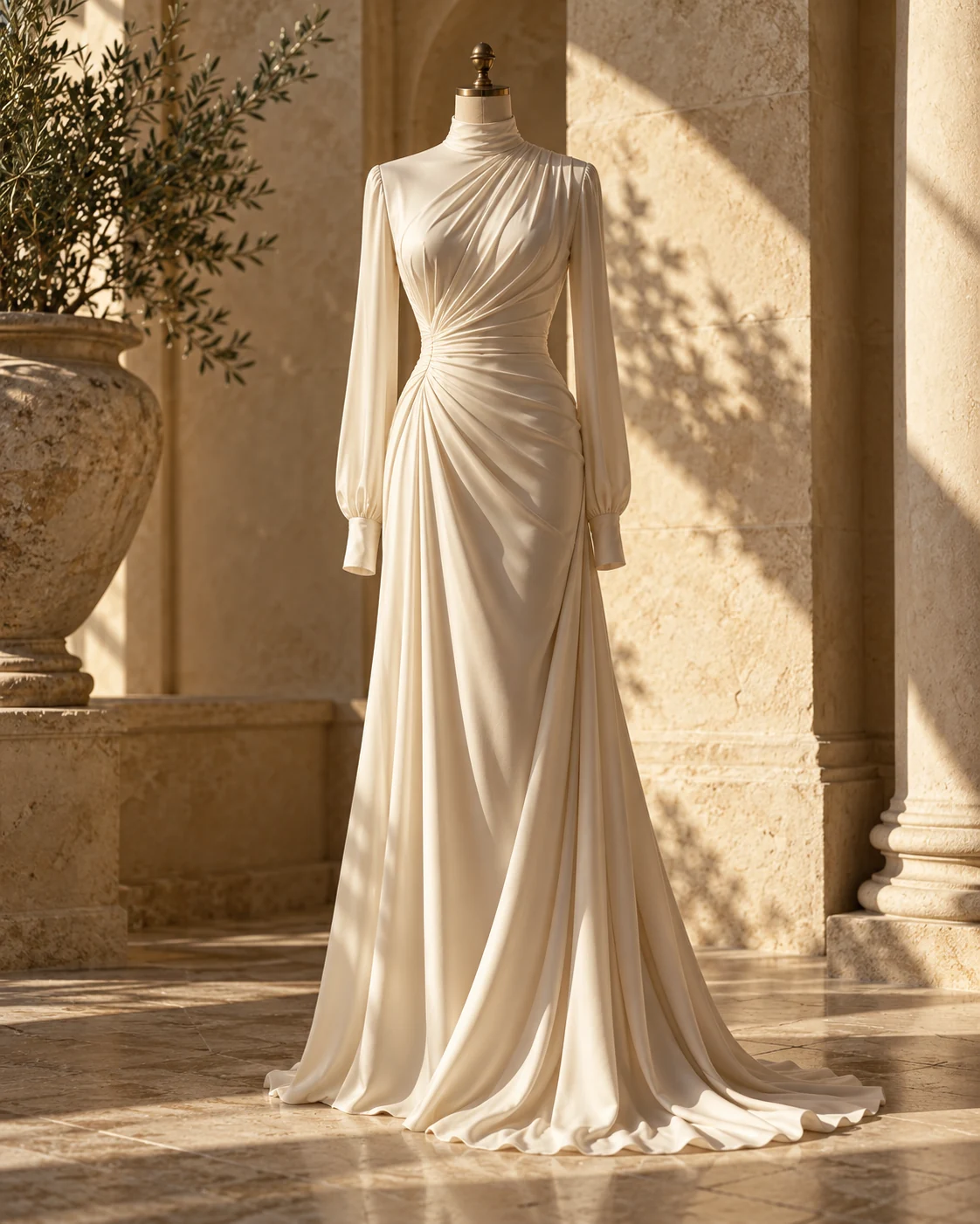 Sculptural ivory silk dress for VEX body aesthetics, illustrative campaign still life
